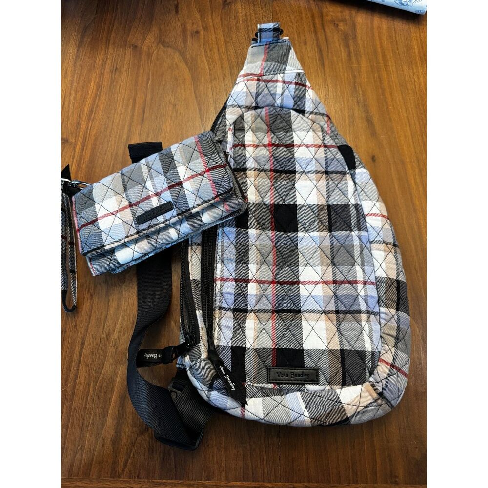 Vera Bradley Plaid Quilted Sling Backpack Crossbody Bag + Matching Wallet EUC